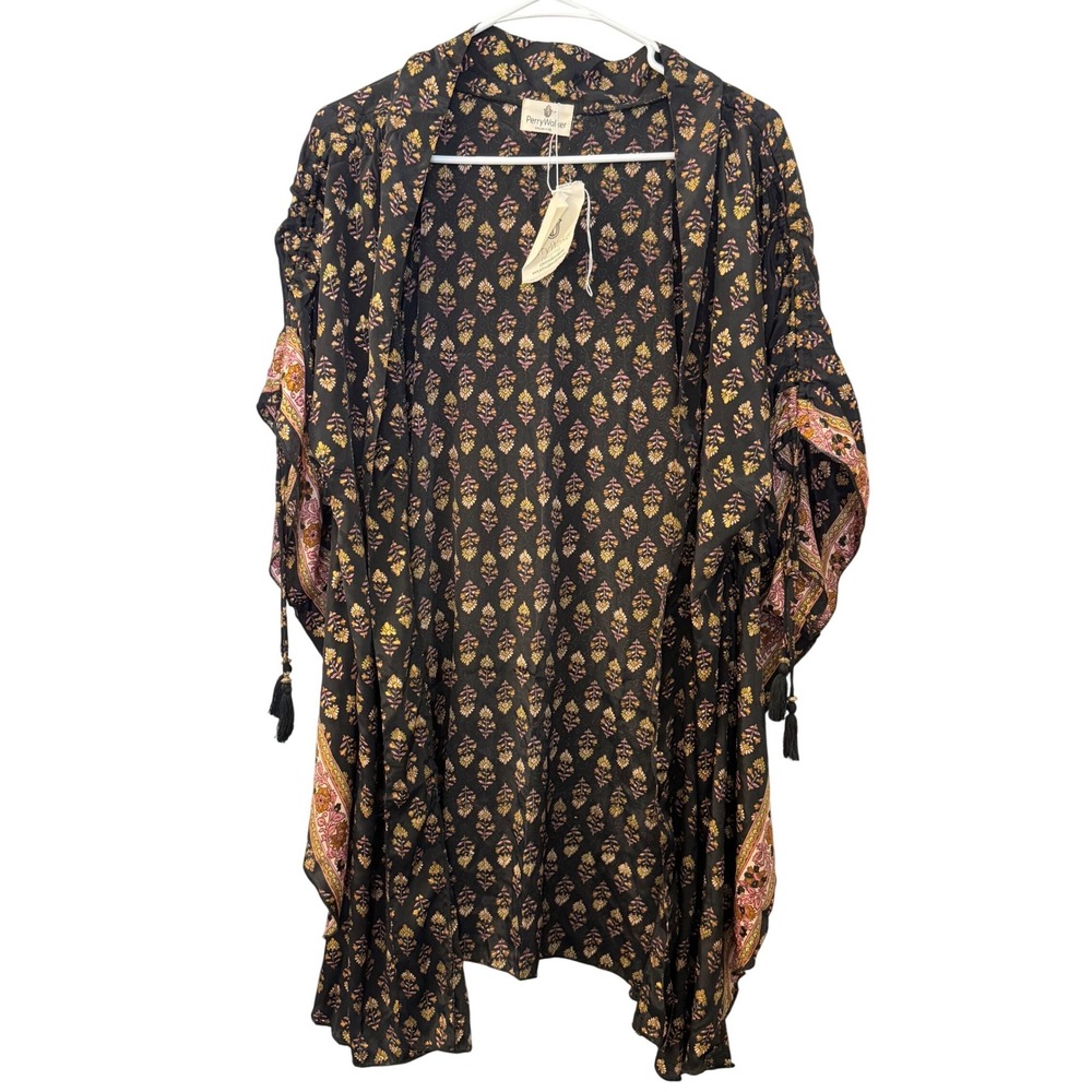 Perry Walker Collective Silk Blend Floral Kimono Cardigan Black Gold Boho OS